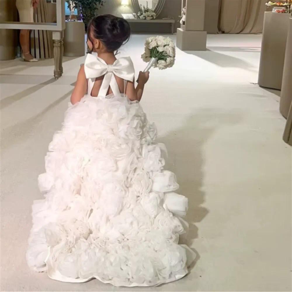 Luxury Tier Ruffles Long Flower Girl Dresses With Bow Back Ball Gown Girls Formal Evening Pageant Gowns Princess Birthday Wedding Party Robes M27 ZD10