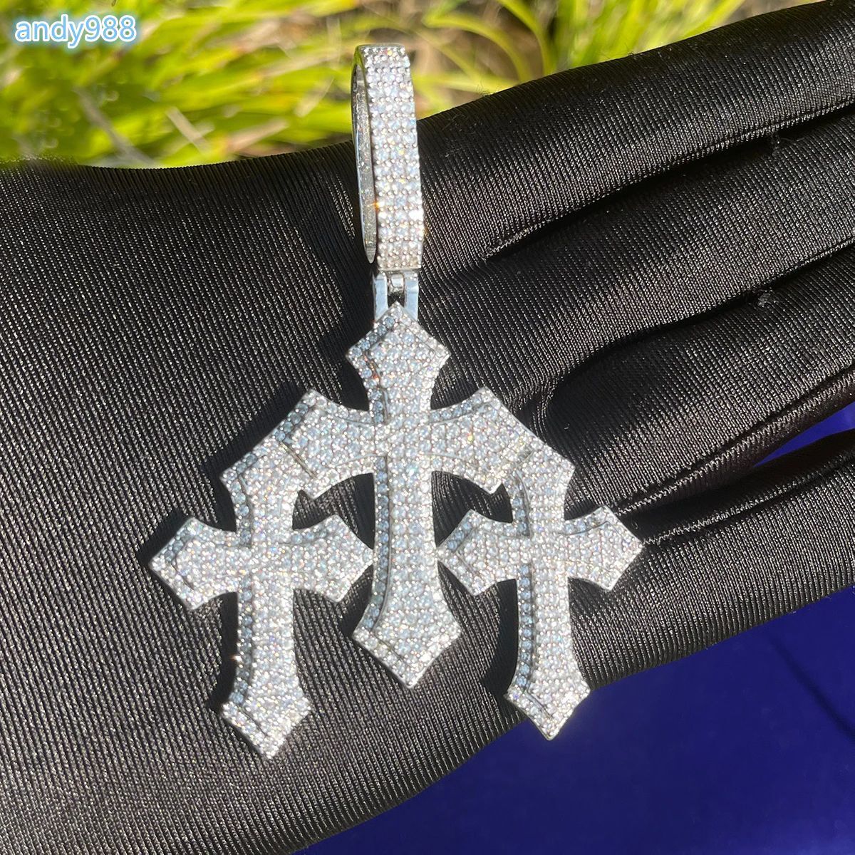 Hip Hop Iced Out Cross Charm Pendant Moissanite Diamond Cross Pendant Necklace Two Layers Triple Cross Pendant for Men Jewelry