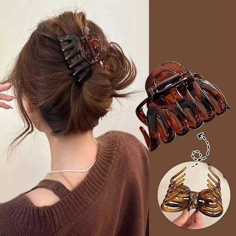 French Style Acrylic Pumpkin Hair Claws for Women Korean Design Simple Hollow Ponytail Shark Clip High Volume Hairpin Accessory H260328