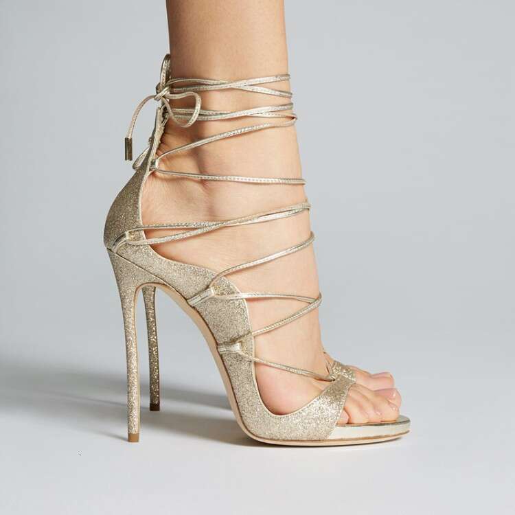 2026 Summer Lace-Up Sandals Export Thin Heel High Heels Large Sizes 34-46 gold
