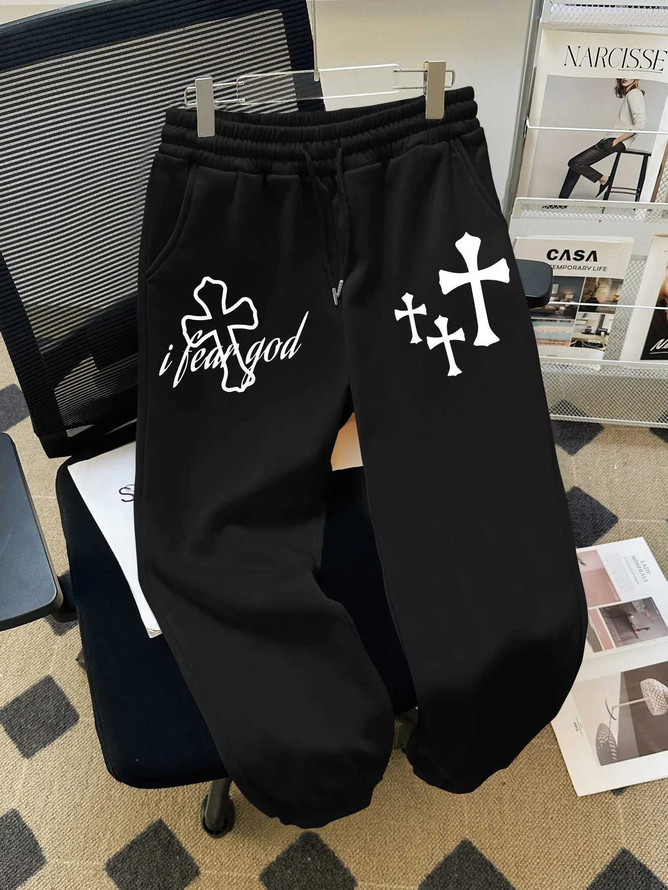 Mens Trousers with Faith Cross and I Need God Print Drawstring Track Pants Daily Wear Sweatpants with Religious Symbols Pattern M260328