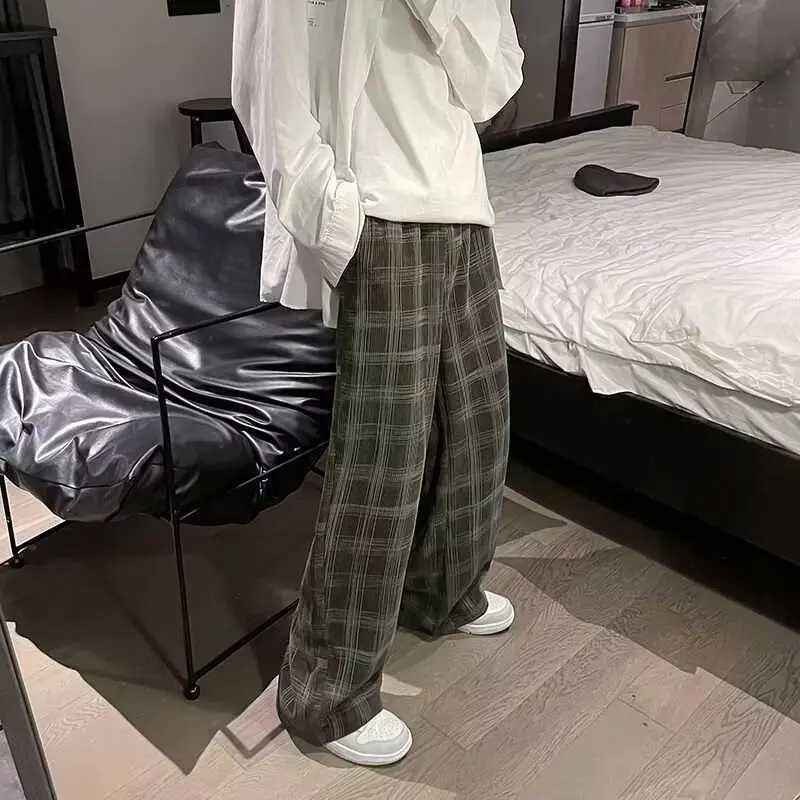 Checkered pants mens spring and autumn plus fat plus size trendy loose Korean version versatile wide leg casual pants spor a06 M260328