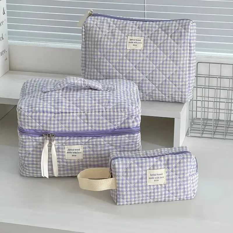 Women Large Capacity Checkered Cosmetic Bag Girls Cotton Skincare Brushes Storage Bag Portable Travel Toiletry Bag Makeup Bag D260328