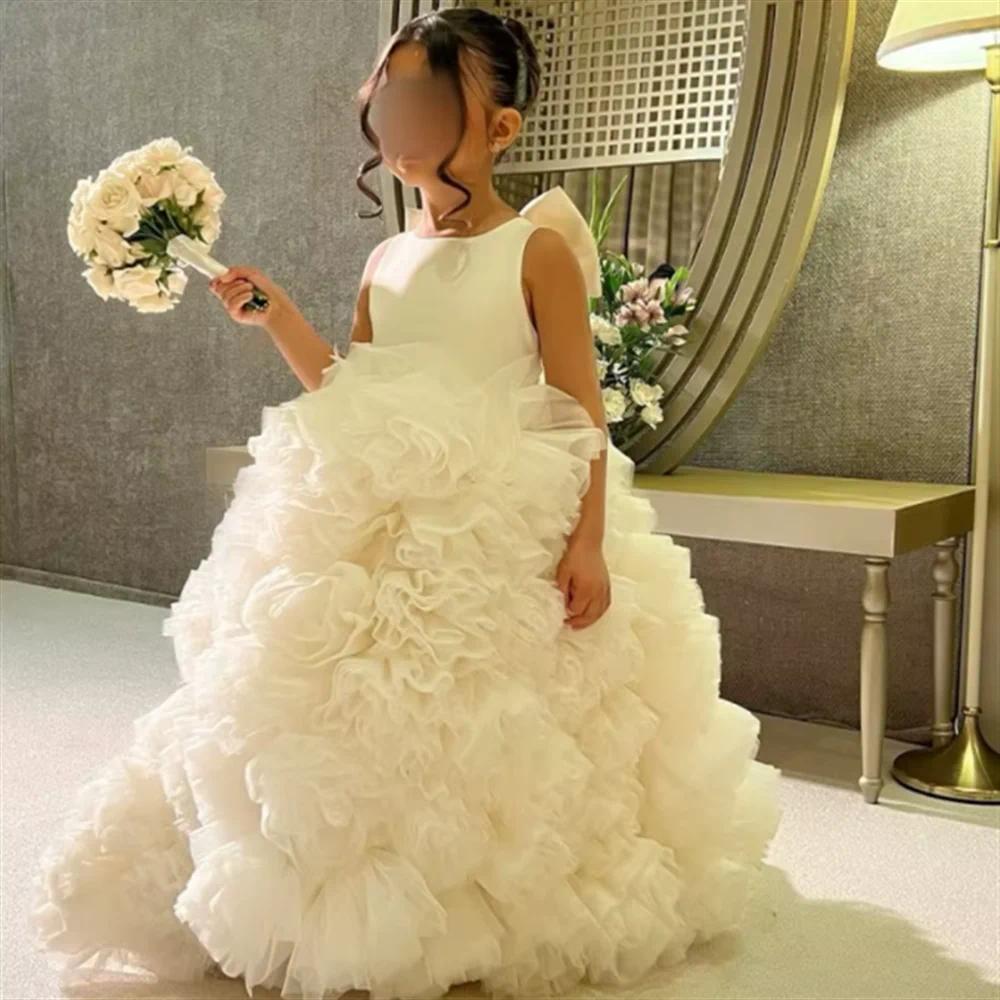 Luxury Tier Ruffles Long Flower Girl Dresses With Bow Back Ball Gown Girls Formal Evening Pageant Gowns Princess Birthday Wedding Party Robes M27 ZD10