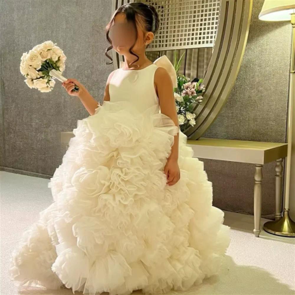 Luxury Tier Ruffles Long Flower Girl Dresses With Bow Back Ball Gown Girls Formal Evening Pageant Gowns Princess Birthday Wedding Party Robes M27 ZD10