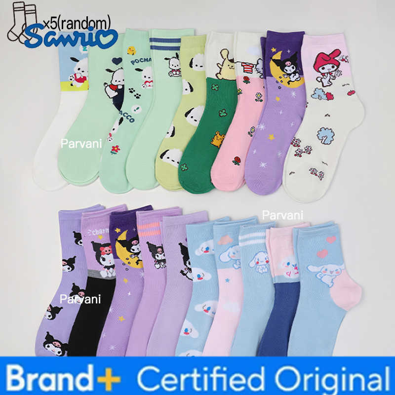 Sanrio 5 Pairs Four Seasons Womens Sweet And Cute Cartoon Series Pattern Versatile Soft And Casual Sweat Absorbing Long Socks H2603281