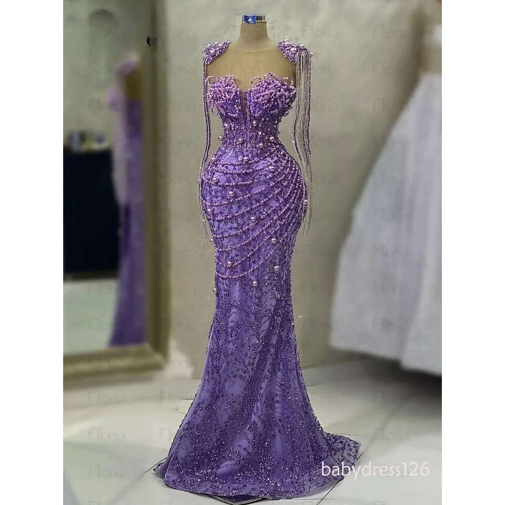 Tassel Pearls Elegant Purple Prom Dresses Sheer Long Sleeve Mermaid Appliques Sequins Women Formal Occasion Party Evening Gowns M27 ZD19