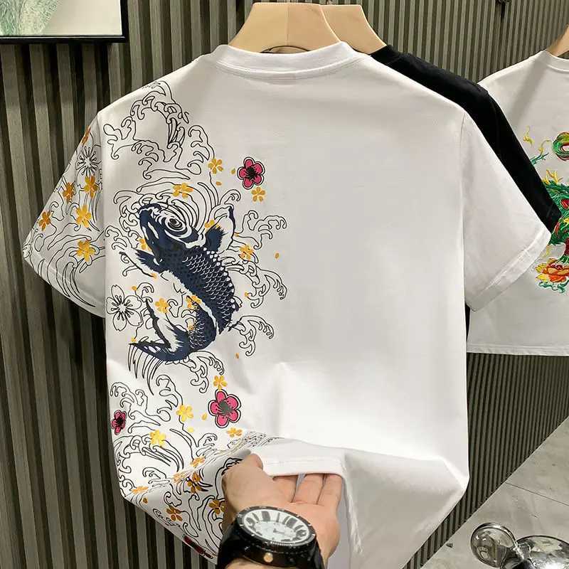 Chinese Style Trend Fashion Thin Summer T-Shirts Men O-Neck Carp Embroidered Short Sleeve Loose Pullovers Bottoming Shirt Tops C260326