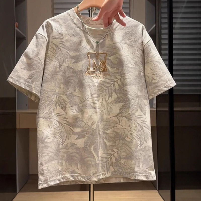 Men's T-shirt Luxury Men Clothing Retro Black Tee Embroidered Full Leaf Pattern With Gold Embroidery Color-block Number Decoration Adds Layers Da