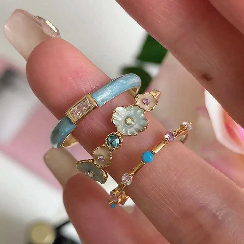 Sweet Enamel Flower Open Rings for Women Exquisite Elegant Blue Zircon Irregular Adjustable Finger Rings Wedding Jewelry Gifts H260328