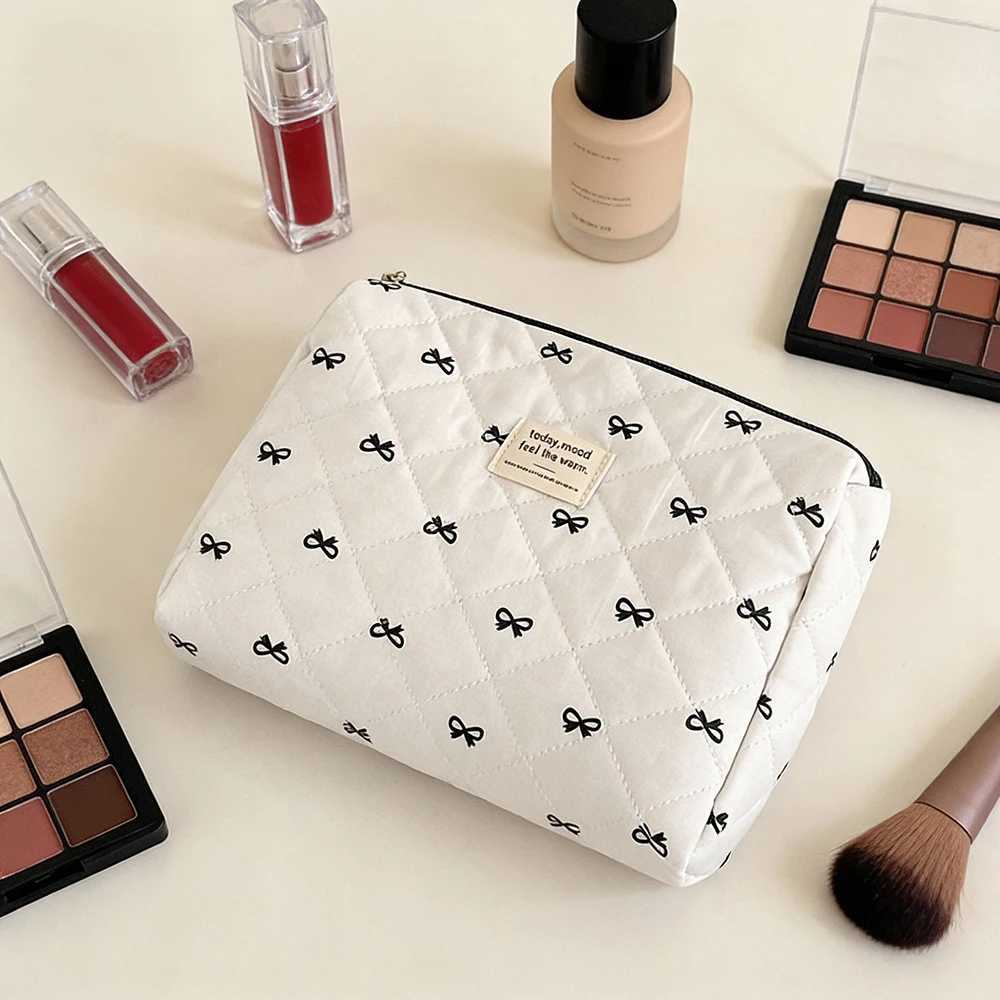 Airfriend Cosmetic Bag With Bows Large Soft Cosmetic Toiletries Pouch Cotton Cosmetic Bag Quilted Woman Makeup Bag Travel Pouch D260328