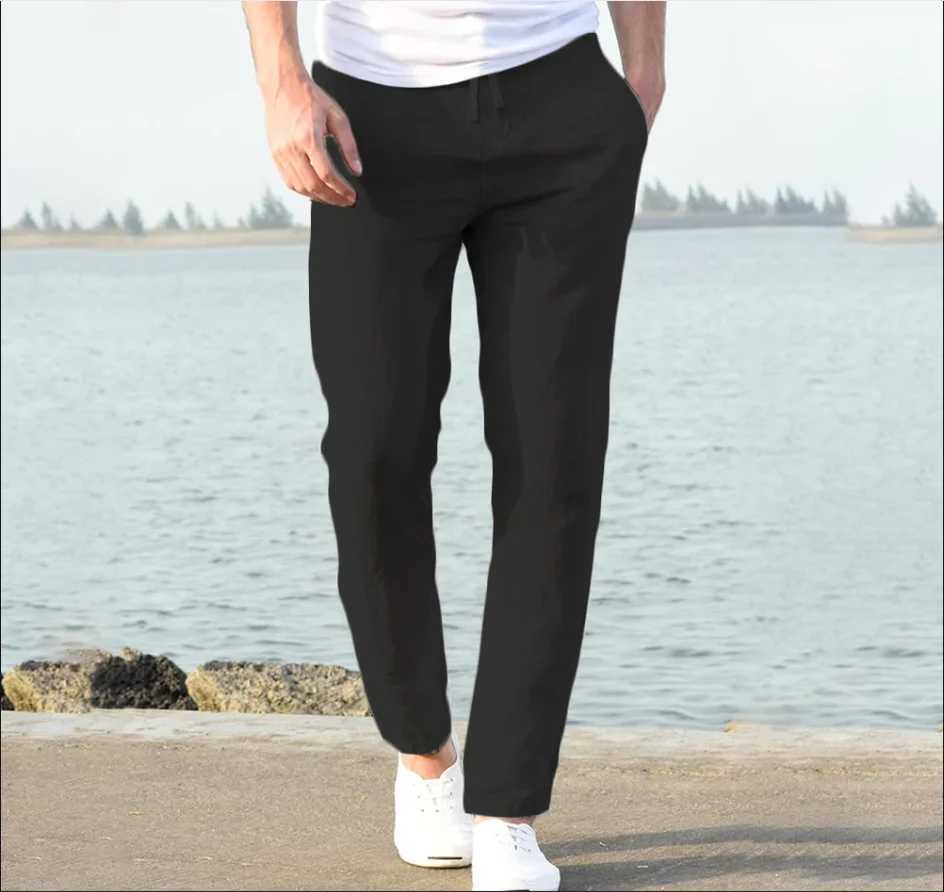 Mens Trousers Cotton Linen Fashion Casual Pants Solid Color Breathable Loose Shorts Straight Drawstring Pants Streetwear Men a05 M260328
