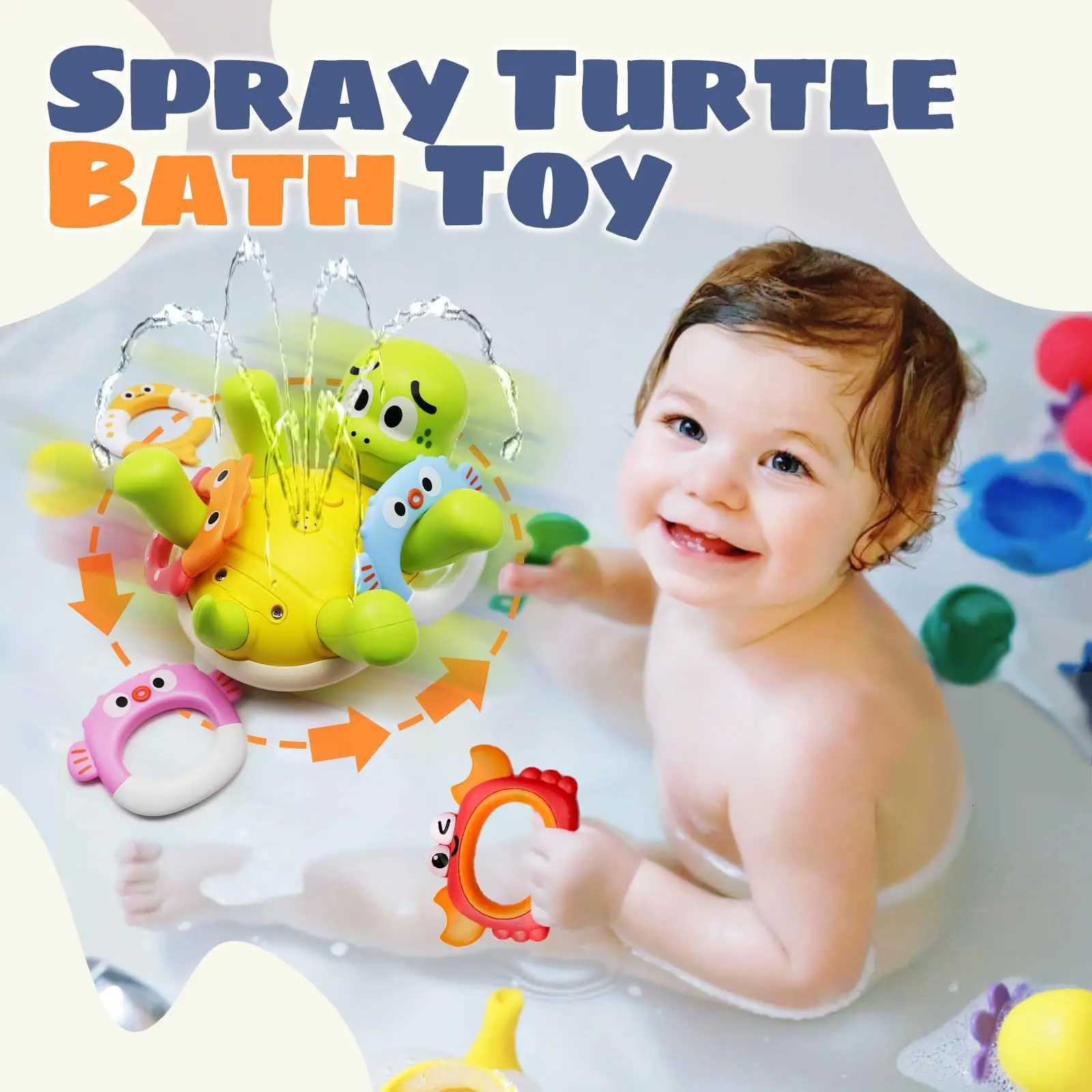 Baby Bath Toys Rechargeable Turtle Bath Toy Sprinkler for Kids Toddler with 5 Rings Bathtub Fountain Spray Toy Mold Gifts Z260328