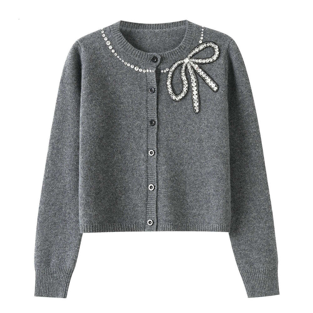 2026 autumn new designer k30 slim fit elegant gray heavy rhinestone bow long sleeved CC fashionable knitted cardigan top