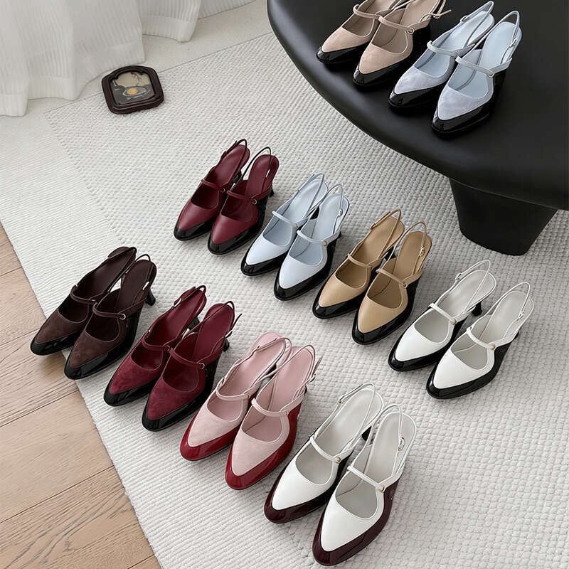 Luxury Rhinestone Square Toe Heels Color Block Slingback Mary Jane Pumps Elegant Party Wedding Office Dress Sandals Fashion High Heels For Women With Gift Box