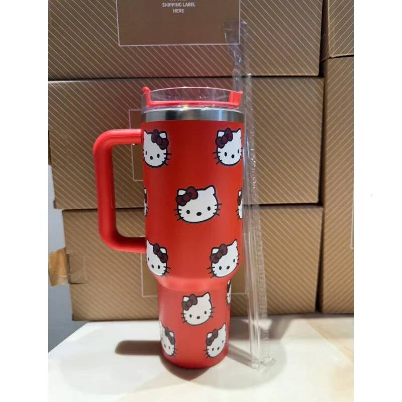 Designer Kawaii Hello Kitty 40Oz Stainless Steel Vacuum Cup Anime With Handle Straw Cup Coffee Cup With Packaging Box Quick Delivery Luxury Goods