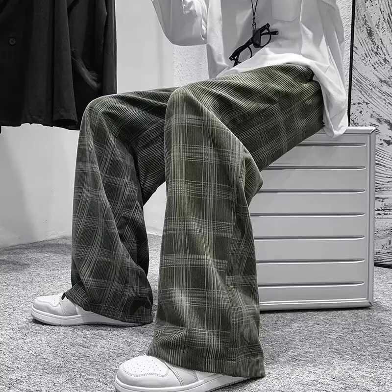 Checkered pants mens spring and autumn plus fat plus size trendy loose Korean version versatile wide leg casual pants spor M260328