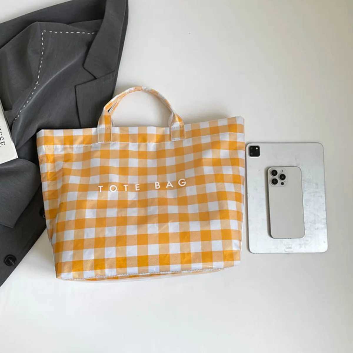 Classic Clear PVC Check Tote Bag Plaid Pattern Letter Print Lightweight Velcro Closure Large Capacity for Daily Commute Shopping C260327