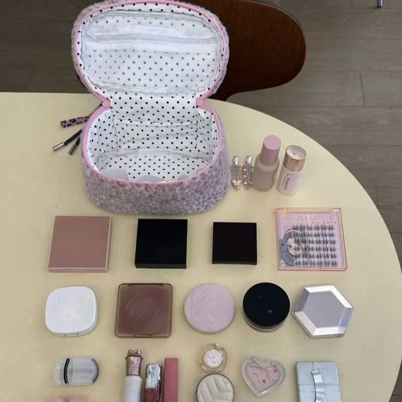 Ladies Cosmetic Bag Plush Leopard Cute Kawaii Makeup Bag Fashion Hand-held Large Capacity Multifunctional Storage Bag Pouch D260328