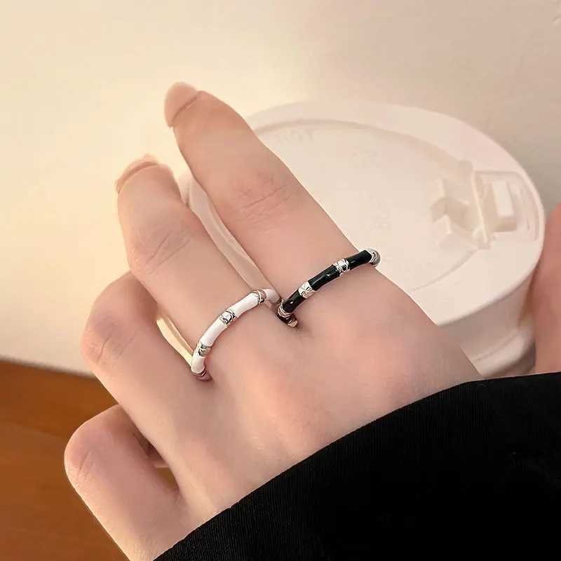 925 Sterling Silver Luxury Jewelry Black White Bamboo Adjustable Rings For Women Couple Accessories Wholesale Jewellery H260328