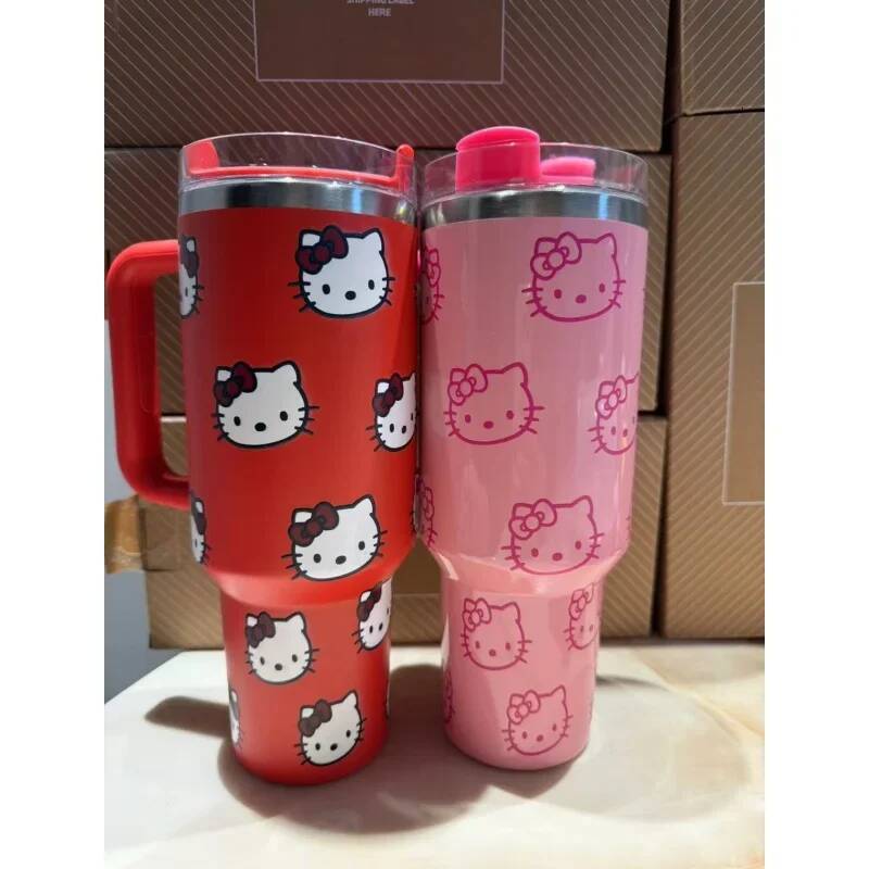 Designer Kawaii Hello Kitty 40Oz Stainless Steel Vacuum Cup Anime With Handle Straw Cup Coffee Cup With Packaging Box Quick Delivery Luxury Goods