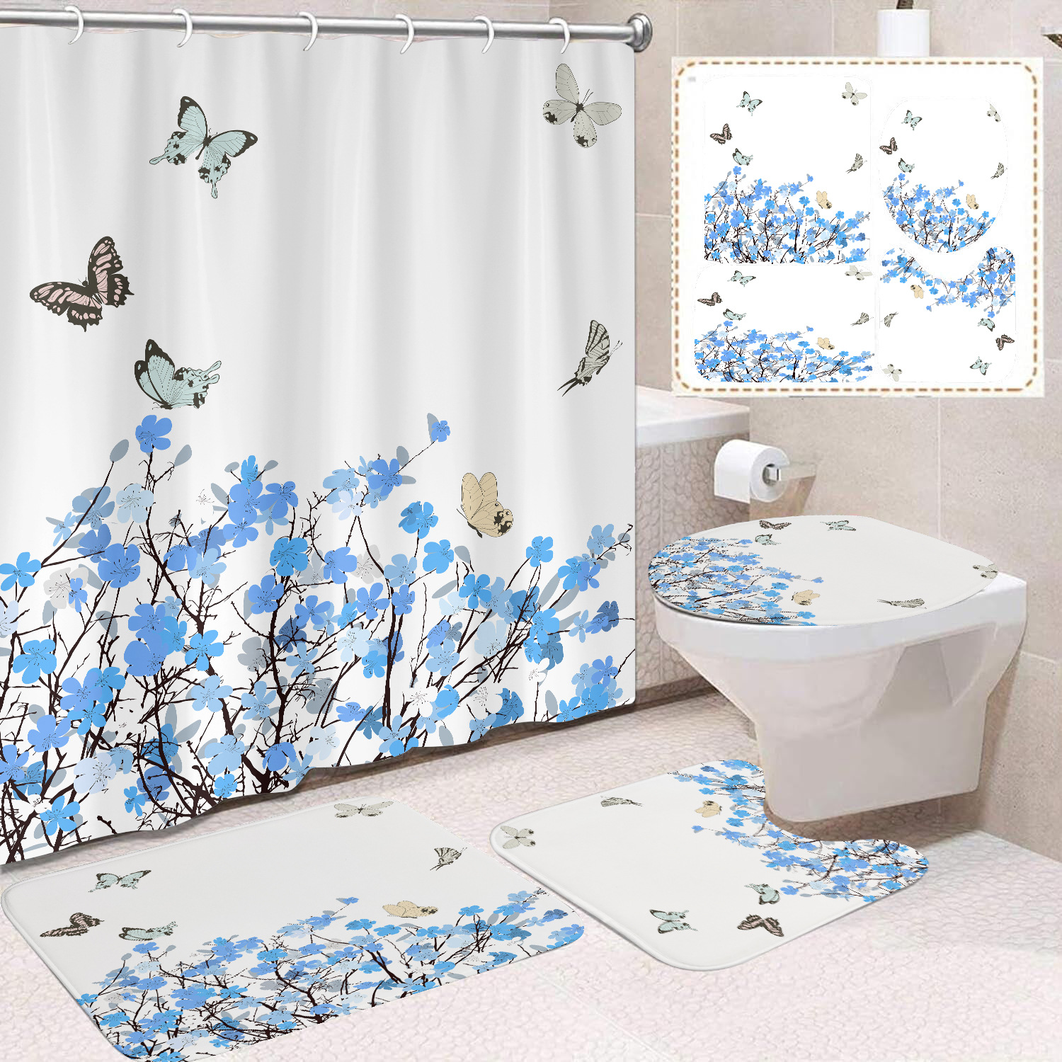 YL-38406 Floral Shower Curtain and Mat Set (4 Pieces) - Bathroom Dry and Wet Separation, Toilet Isolation Curtain, Modern Minimalist Style
