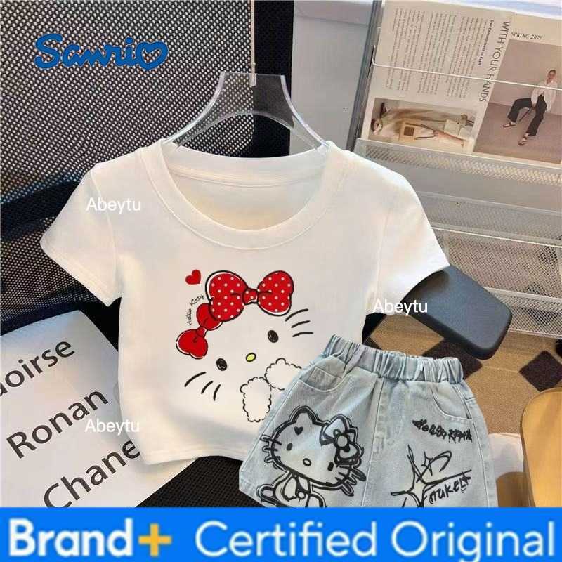 Sanrio Summer Baby Girls Clothes Set Toddler Kid Hello Kitty T-shirt Jeans Skirt 2pcs Suit Children Short Sleeve Top Bottom Tracksuit H2603281