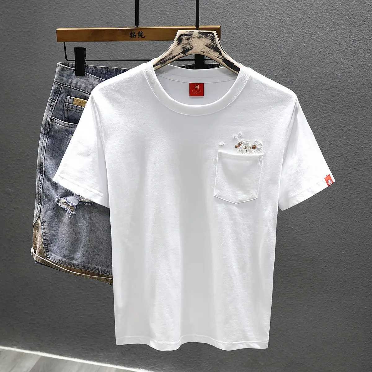2023 Summer National Trend Embroidered Mens Short-sleeved T-shirt Casual Youth Printed Half-sleeved Undershirt C260326
