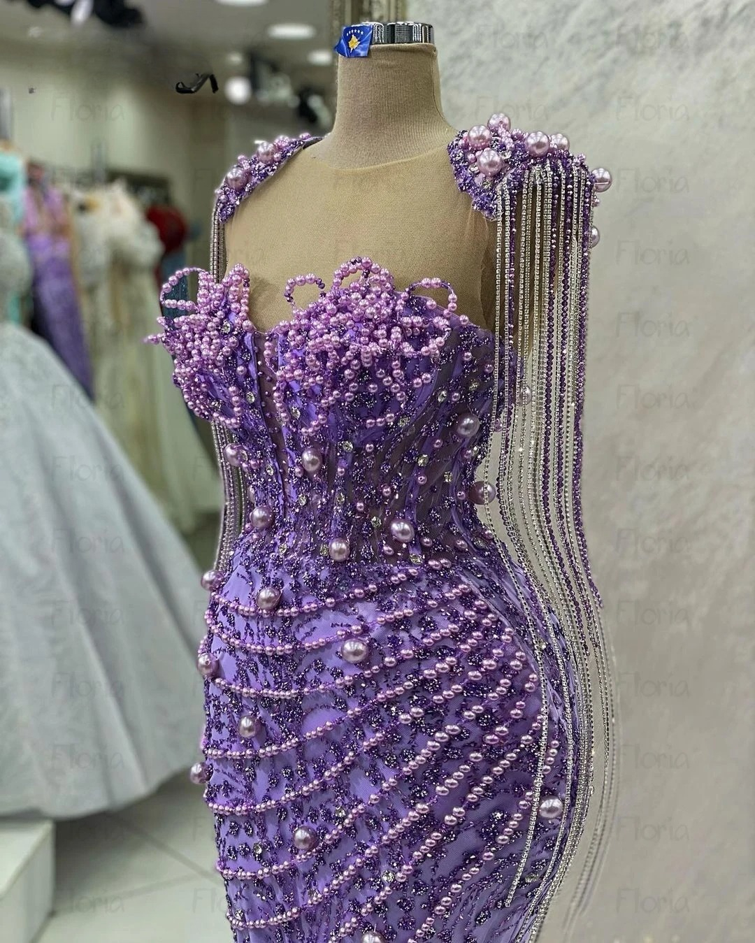 Tassel Pearls Elegant Purple Prom Dresses Sheer Long Sleeve Mermaid Appliques Sequins Women Formal Occasion Party Evening Gowns M27 ZD19