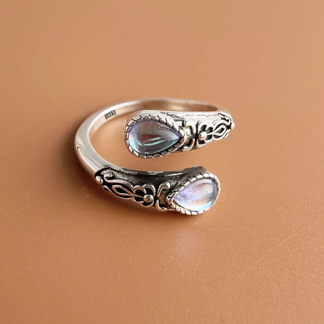 925 Sterling Silver Rings For Women Geometric Fine Jewelry Finger Adjustable Vintage BLue Stone Ring For Party Birthday Gift H260328