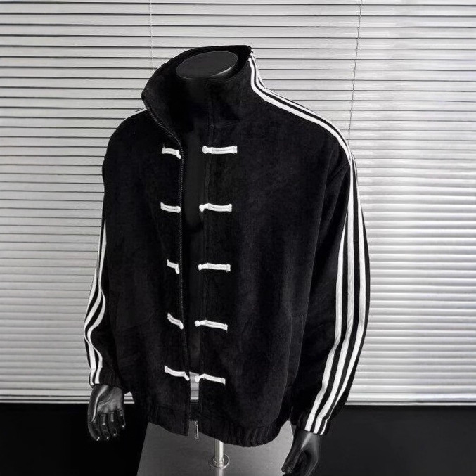 fashion design jacket 2026 Men's Corduroy Traditional Chinese Knot Jacket Stand Collar Striped Sleeve Zip-Up Coat