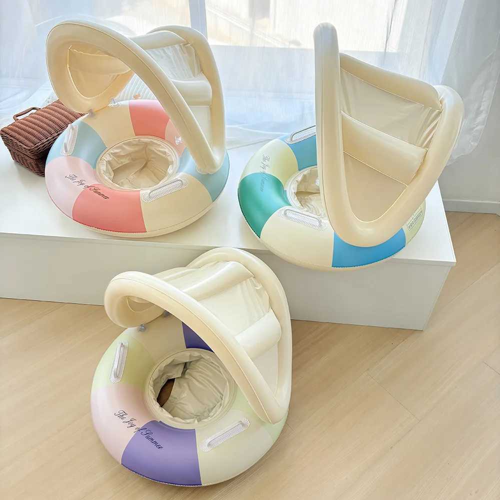 2026 Summer Beach Party Kids Swimming Ring Removable Sunshade Color Block Infant Baby Seat Float INS Viral Water Sitting Ring Z260328