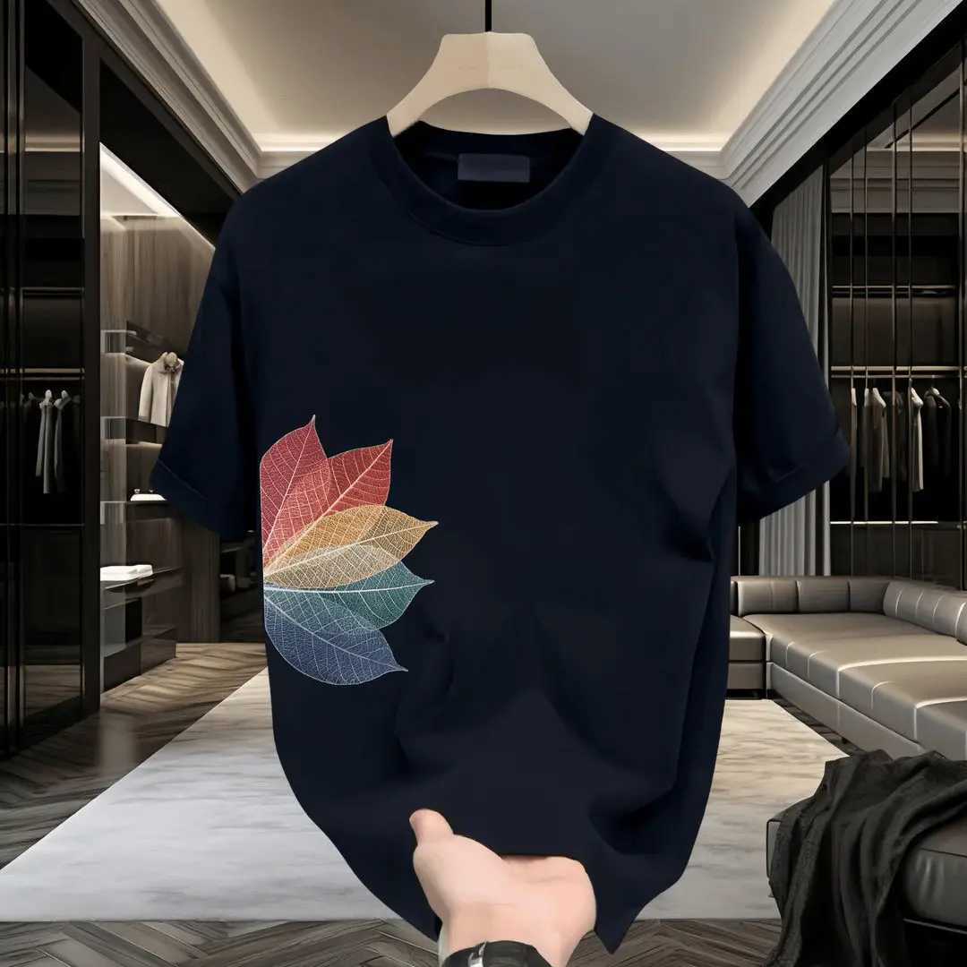 Leaf Printed Short-sleeved T-shirt Mens Summer Loose Round Neck New Casual Versatile Top C260326