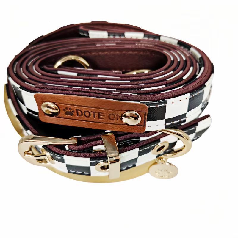 Dog Collar Leash Set Spring Adjustable Black White Plaid Pattern Fashion Trendy Cute Pet Accessories