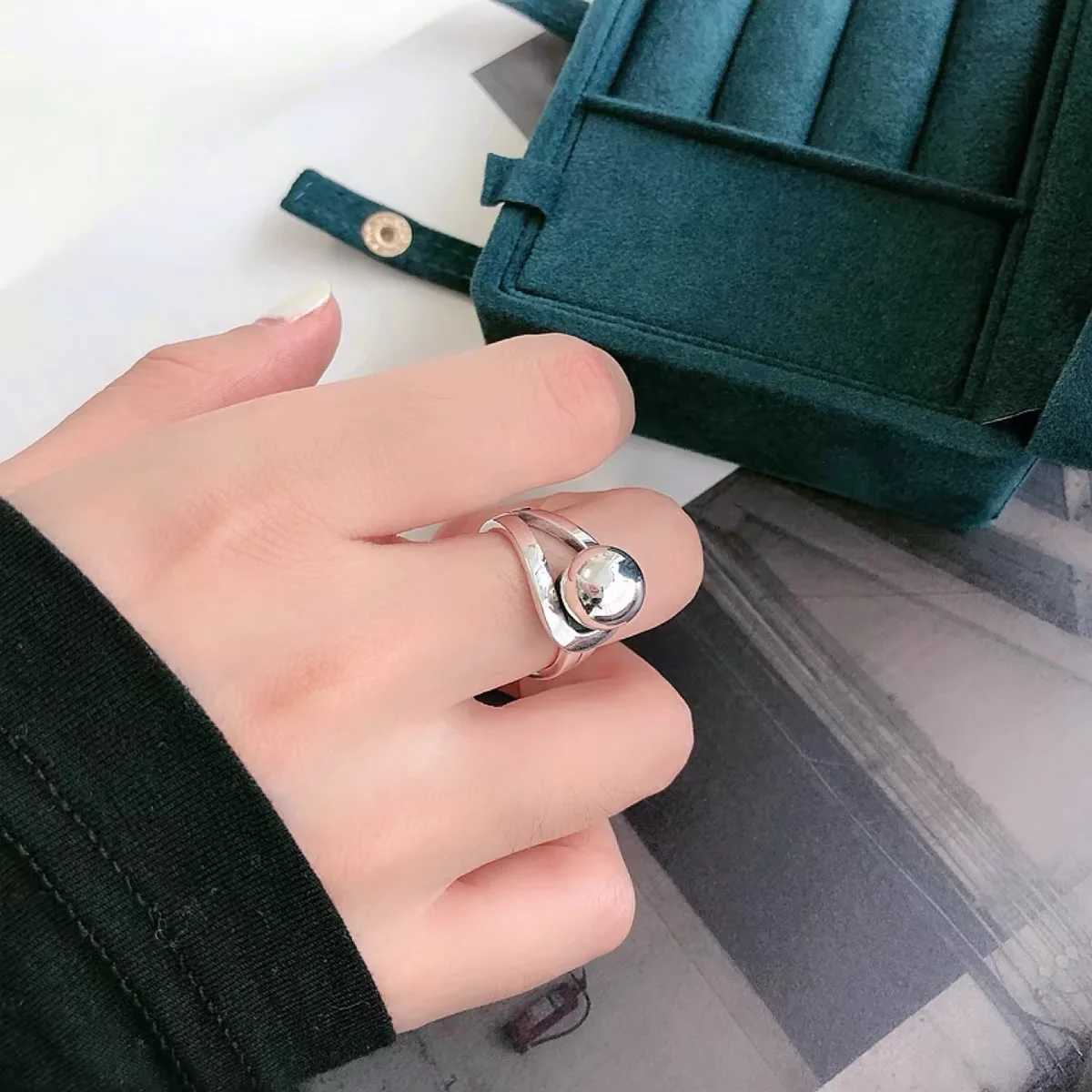 925 Sterling Silver Simple Ring For Women Fine Jewelry Finger Adjustable Open Vintage Big Ball Ring For Party Birthday Gift H260328