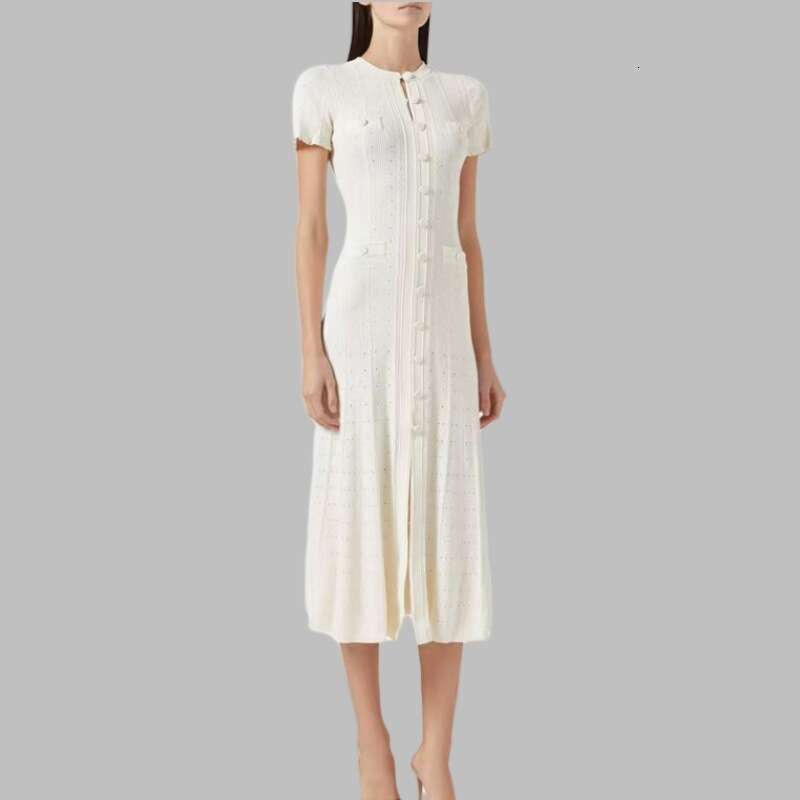 2026 k30 Spring/Summer Designer Women's Small CC Fragrant Hollow out Ruffle Lace Sleeves Slim Knitted Dress