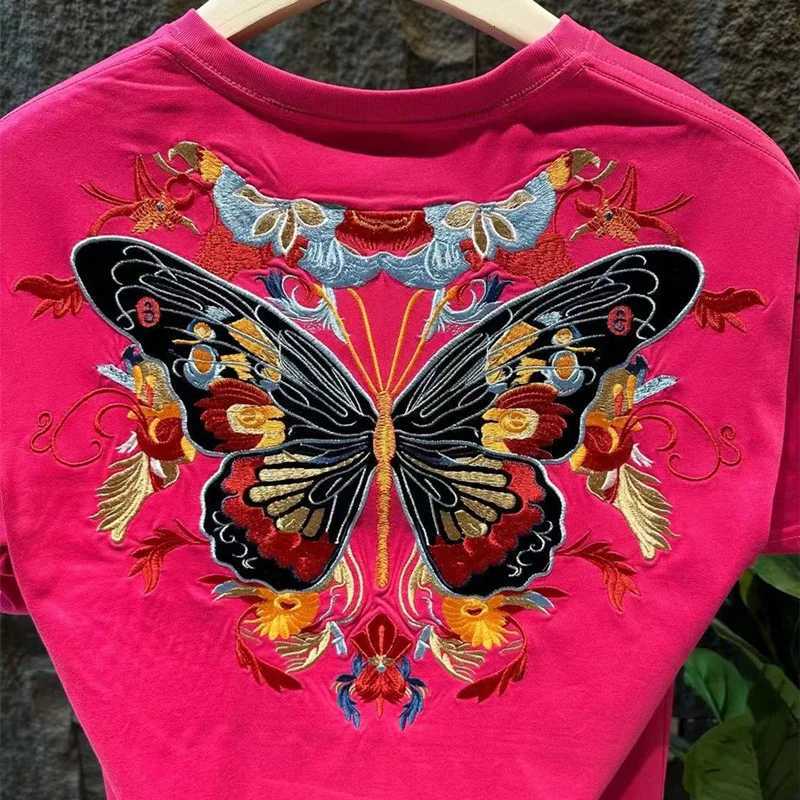 Summer New Fashion Embroidery Butterfly Neutral Short O-neck Casual Heavy Texture Cotton Men Loose T-shirt 3 Colors C260326