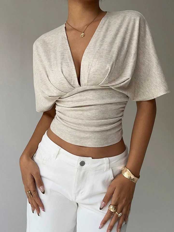 Womens Summer Apricot Deep V-Fold Short Sleeve Tight fitting Womens T-shirt D260328