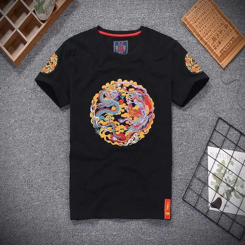 Summer Chinese Style Dragon and Phoenix Embroidered T-shirt Mens Short-sleeved Casual Retro Loose Pullover C260326