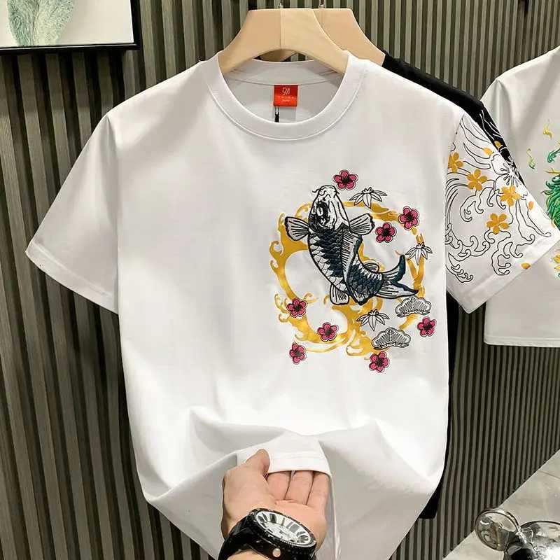 Chinese Style Trend Fashion Thin Summer T-Shirts Men O-Neck Carp Embroidered Short Sleeve Loose Pullovers Bottoming Shirt Tops C260326