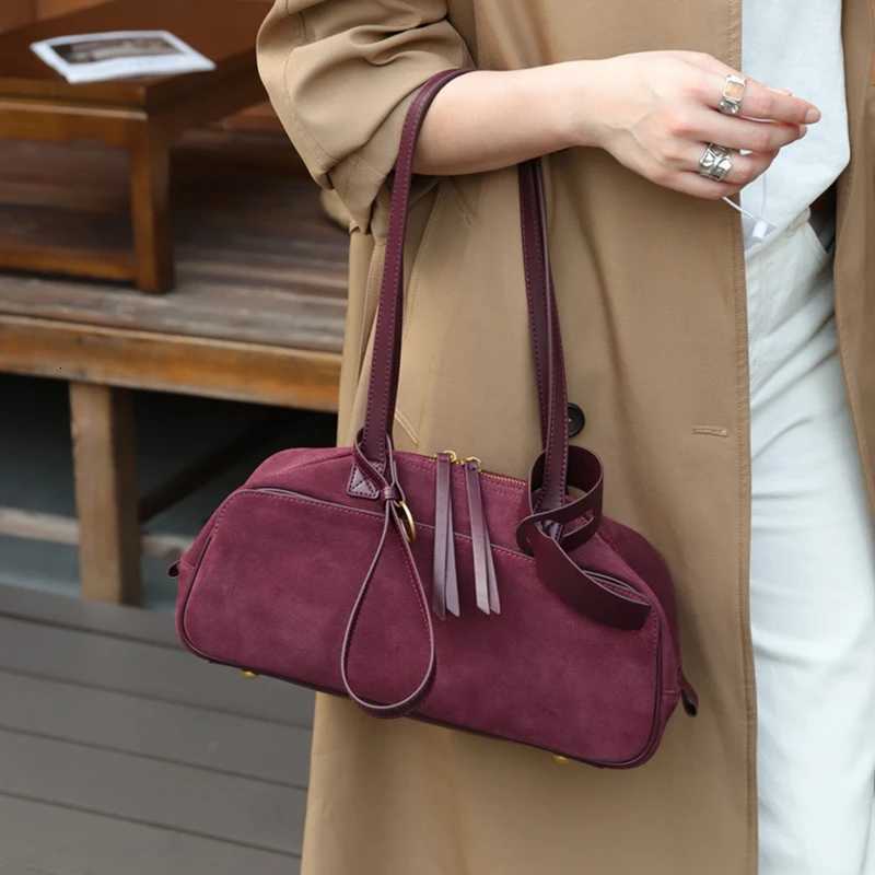 Burminsa Cowhide Suede Genuine Leather Underarm Shoulder Bags For Women 2026 Luxury Designer Bowling Totes Work Ladies Handbags C260327