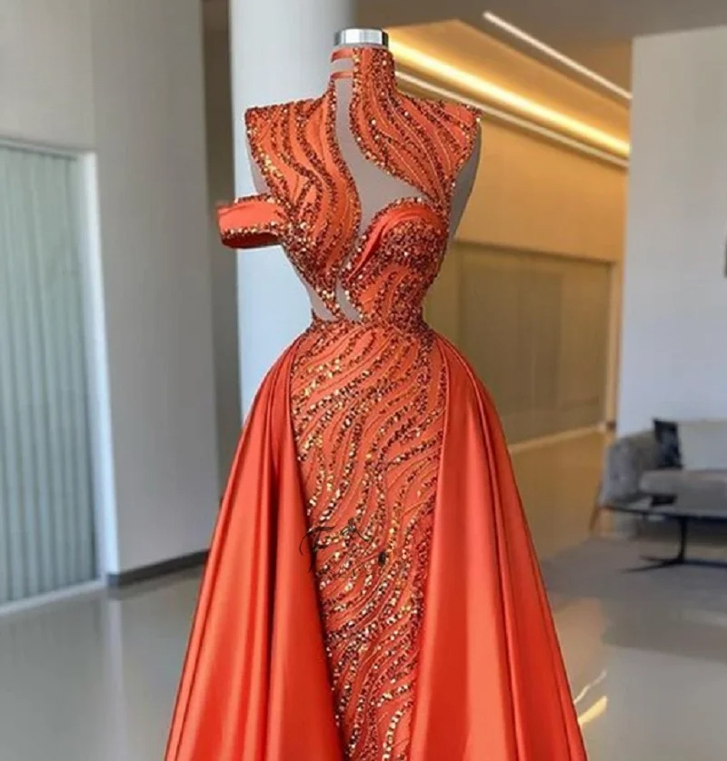 Luxury Sequined Beads Dubai Arabic Mermaid Evening Dresses Couture Orange Long Overskirt Party Prom Gowns Formal Special robe de soiree M27