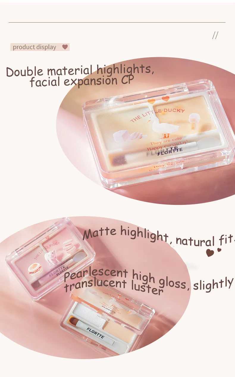 Flortte 2-color Double Texture Cream Highlighter Powder Matte Glossy Diamond Glitter Contour Brighten Palette Face Makeup Beauty H260328