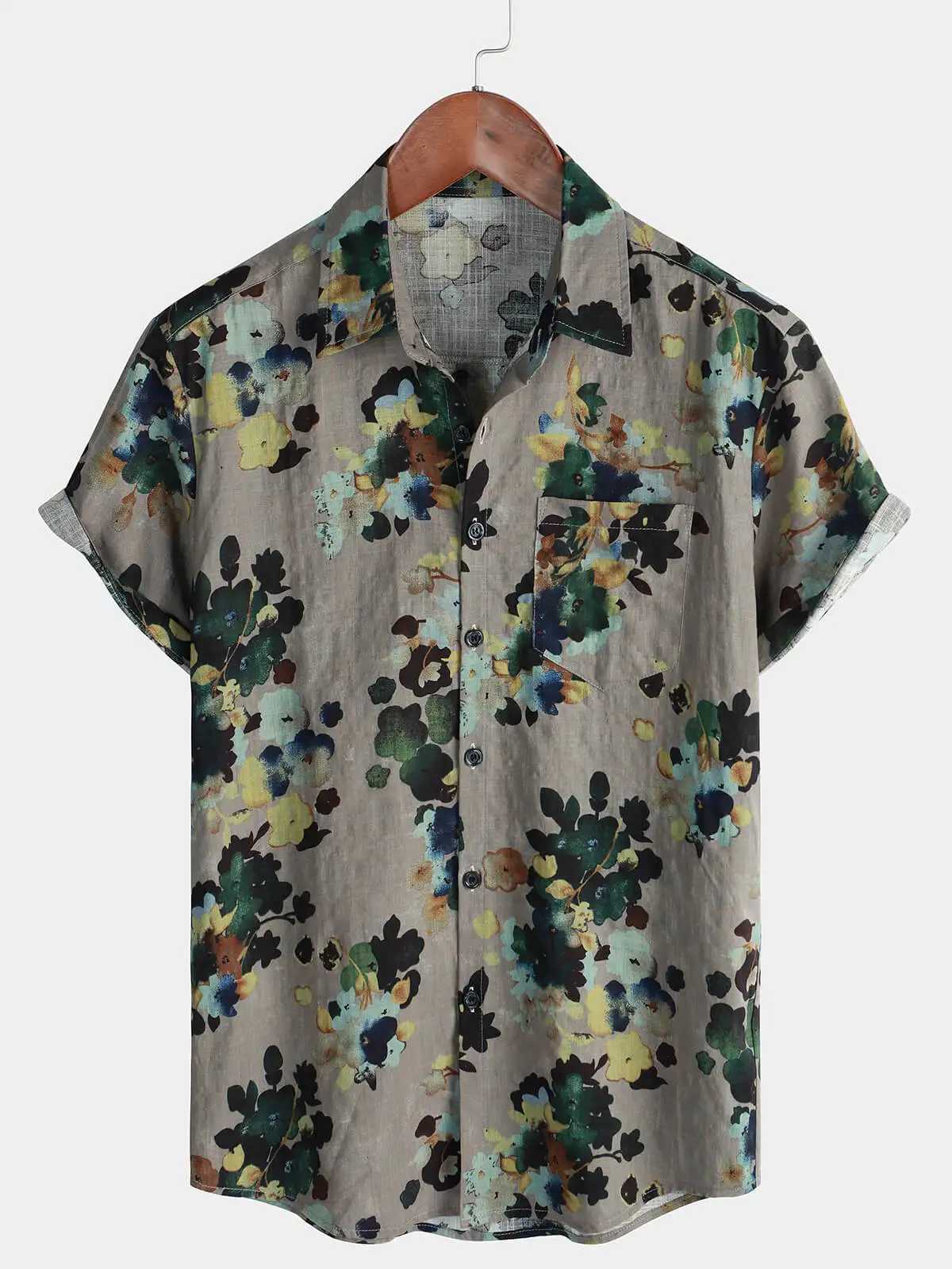 Retro floral print short sleeved shirt for mens casual lapel single breasted shirt 3D printed polyester short sleeved shirt C260326