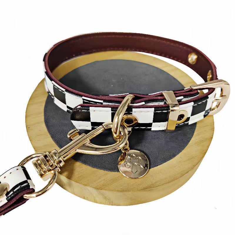 Dog Collar Leash Set Spring Adjustable Black White Plaid Pattern Fashion Trendy Cute Pet Accessories