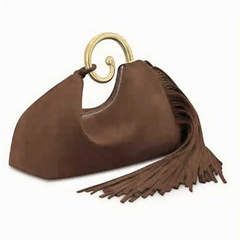 2025 Luxury Fashion Designer Metal Handle Womens Tassel Handbags Brand High-end Party Faux Suede Tote Bag Elegant Evening Bag C260327