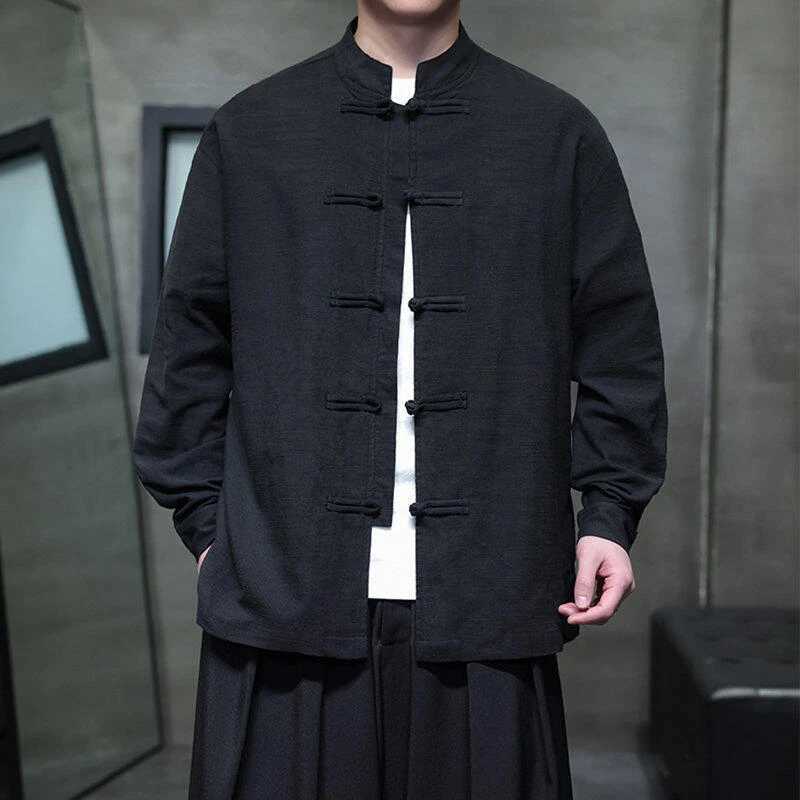 Chinese Style Men Long Sleeve Casual Shirt New 2026 Spring Vintage Mandarin Collar Loose Male Cotton Linen Tops Shirts N055 C260326