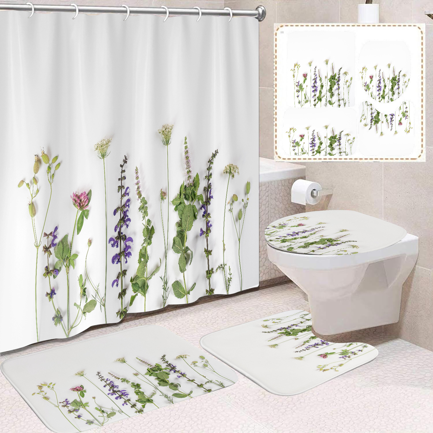 YL-38407 Floral Shower Curtain and Mat Set (4 Pieces) - Bathroom Dry and Wet Separation, Toilet Isolation Curtain, Modern Minimalist Style