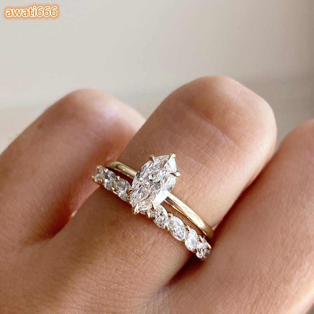 Manufacturer Custom Ring Set Solid 10K 14K 18K Marquise Solitaire Lab-Grown Diamond Engagement Ring with Wedding Band