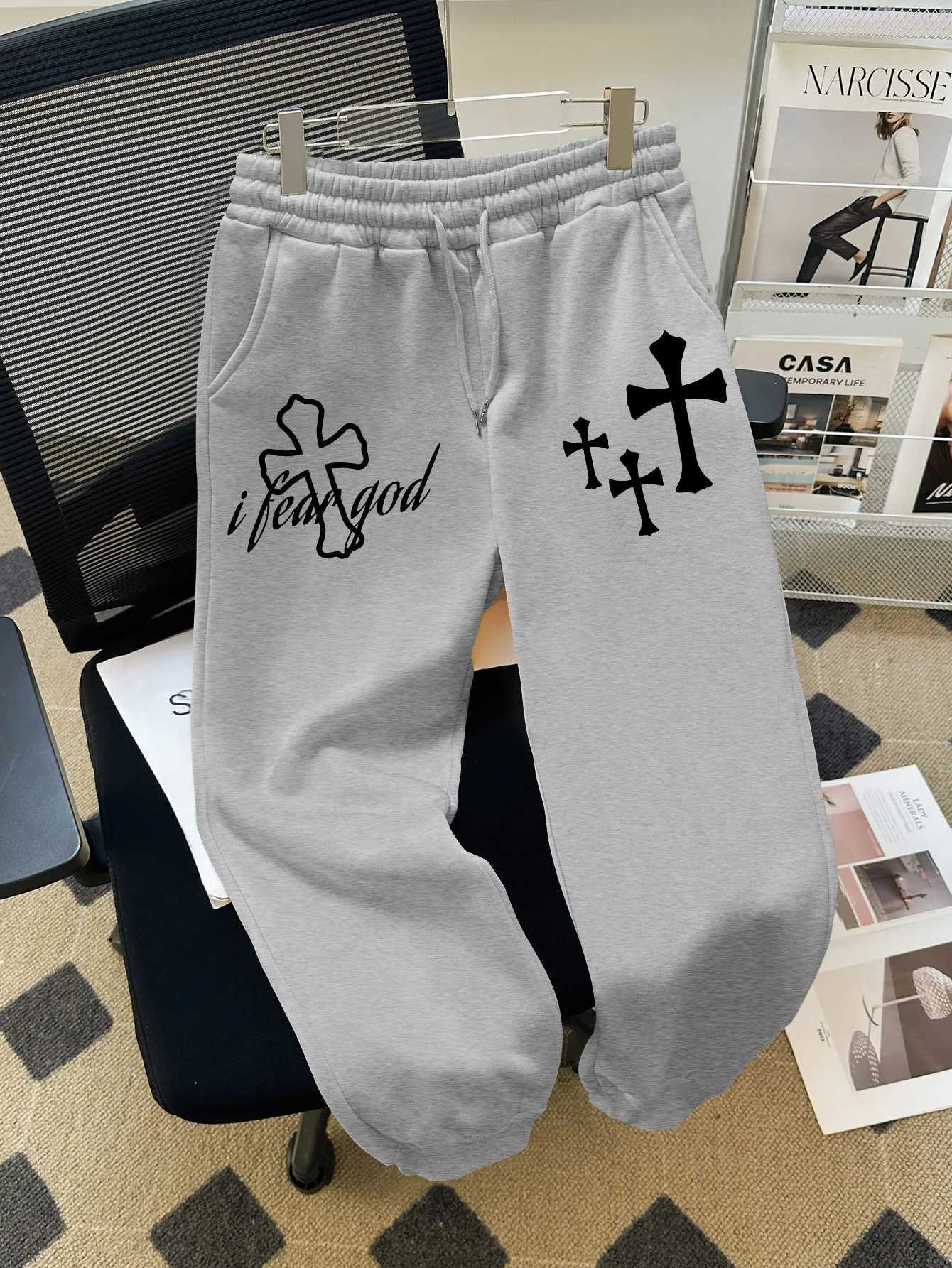 Mens Trousers with Faith Cross and I Need God Print Drawstring Track Pants Daily Wear Sweatpants with Religious Symbols Pattern M260328